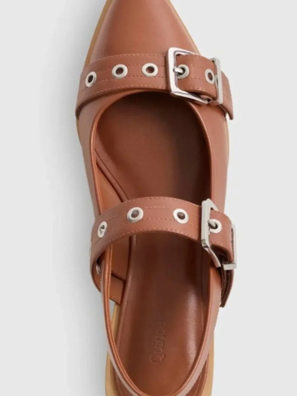 Quince Italian Leather Bold Buckle Slingback Flats in the cognac color size 8